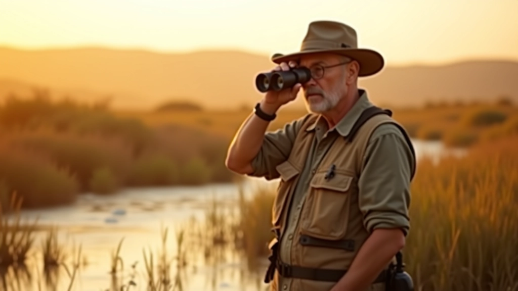 Biólogo observando aves en pantano con binoculares, atardecer dorado, ambiente natural de humedal