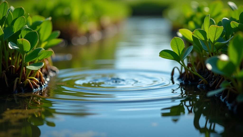Agua cristalina fluyendo a través de vegetación de humedal con plantas acuáticas filtrando el agua, demostrando purificación natural
