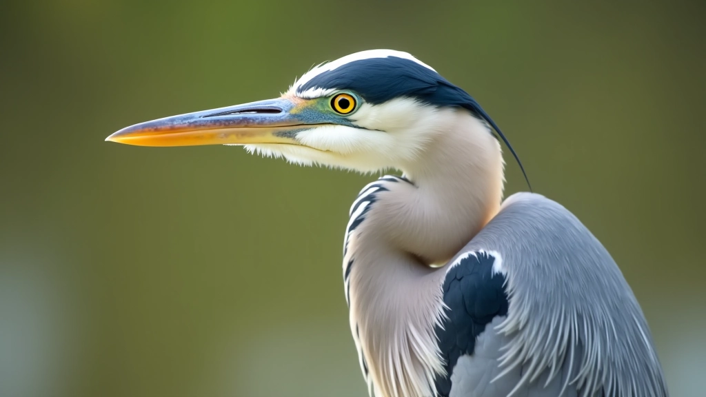 Primer plano de cabeza de garza azul con ojo enfocado nítidamente, plumas grises detalladas, fondo de agua borrosa, bokeh natural