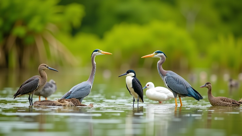 Grupo diverso de aves acuáticas incluyendo garzas azules, ibis y patos en aguas poco profundas rodeadas de vegetación de humedal