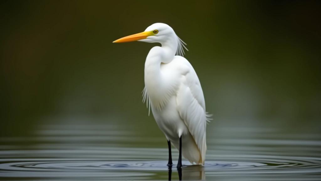 Garza Blanca en aguas profundas del humedal, plumaje completamente blanco, pico amarillento, postura de espera cazadora