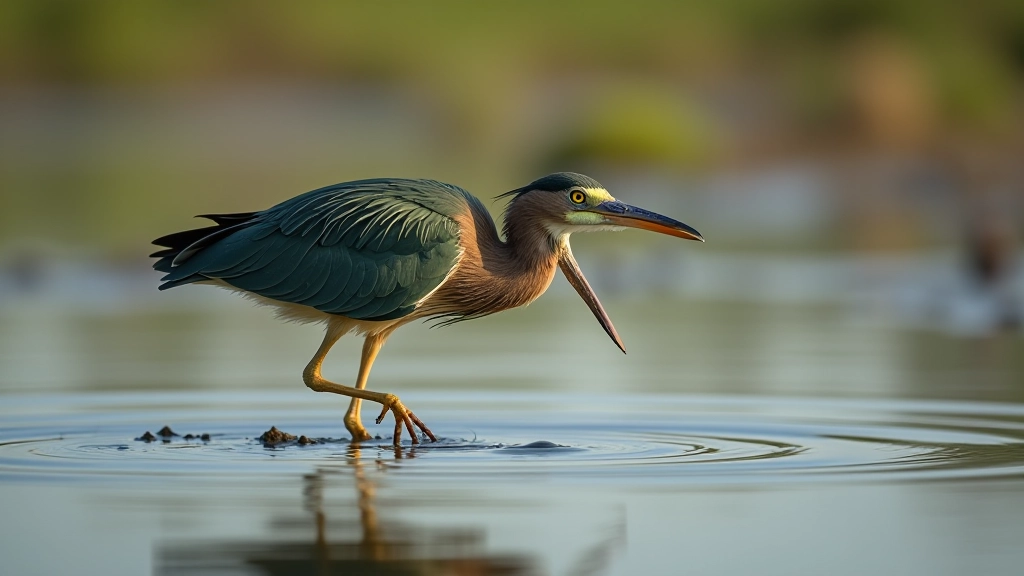 Garza Verde cazando en agua, plumaje oscuro y verde, especie pequeña en humedal