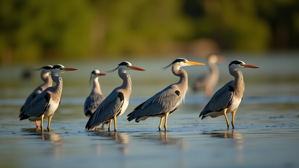 Grupo de garzas diferentes en el refugio, variedad de especies identificables, comparación de tamaños