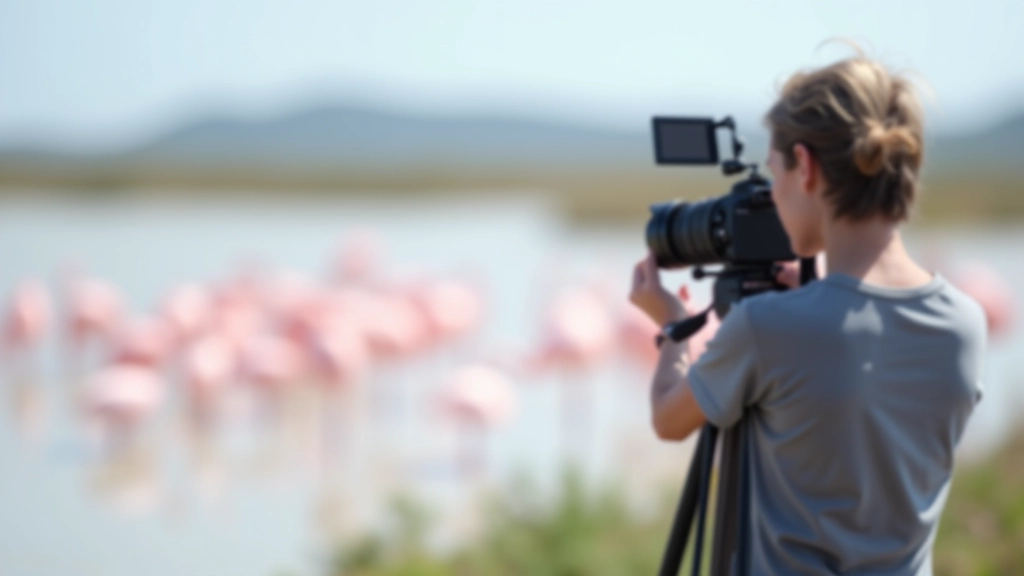 Equipo fotográfico profesional en tripié observando flamencos en laguna salada, luz de día clara