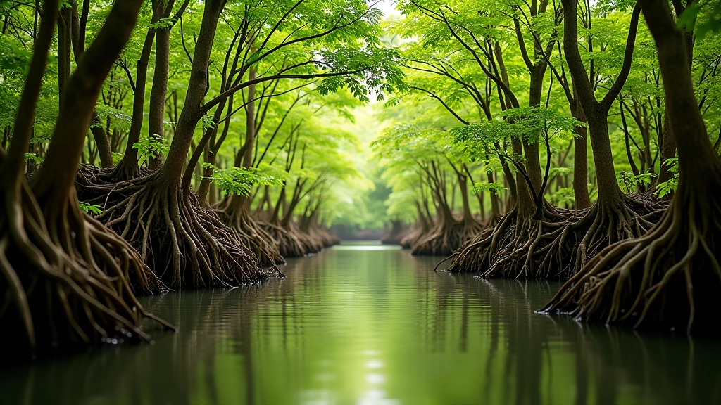 Paisaje de manglares con raíces entrelazadas y agua tranquila, ecosistema de humedal preservado