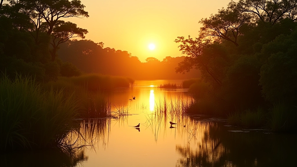Grupo de observadores de aves en humedal tropical con binoculares al atardecer, ambiente natural sereno