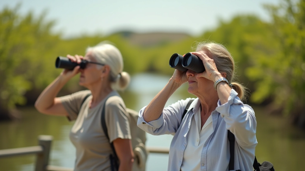 Grupo de adultos mayores observando aves con binoculares en el Refugio de Boquerón