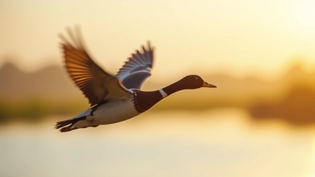 Pato volando sobre agua del refugio con alas extendidas, composición usando regla de tercios, luz matutina