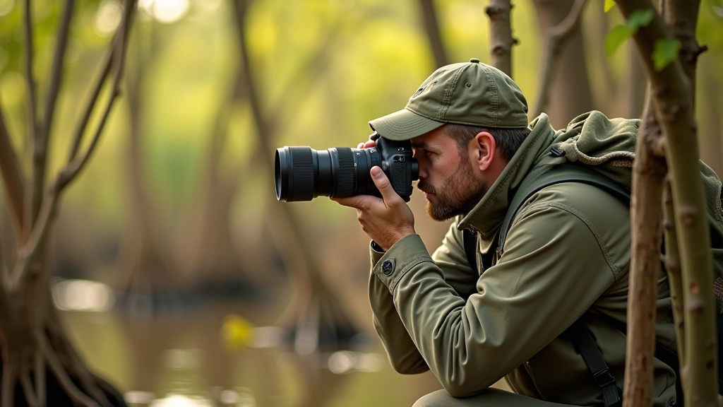 Fotógrafo escondido detrás de mangles observando grupo de flamencos a través del lente de cámara, luz matutina, entorno natural del refugio